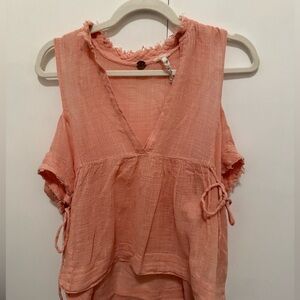 Free People One Women’s Pink Cotton Gauze Cold Shoulder V-Neck Blouse, Size XS